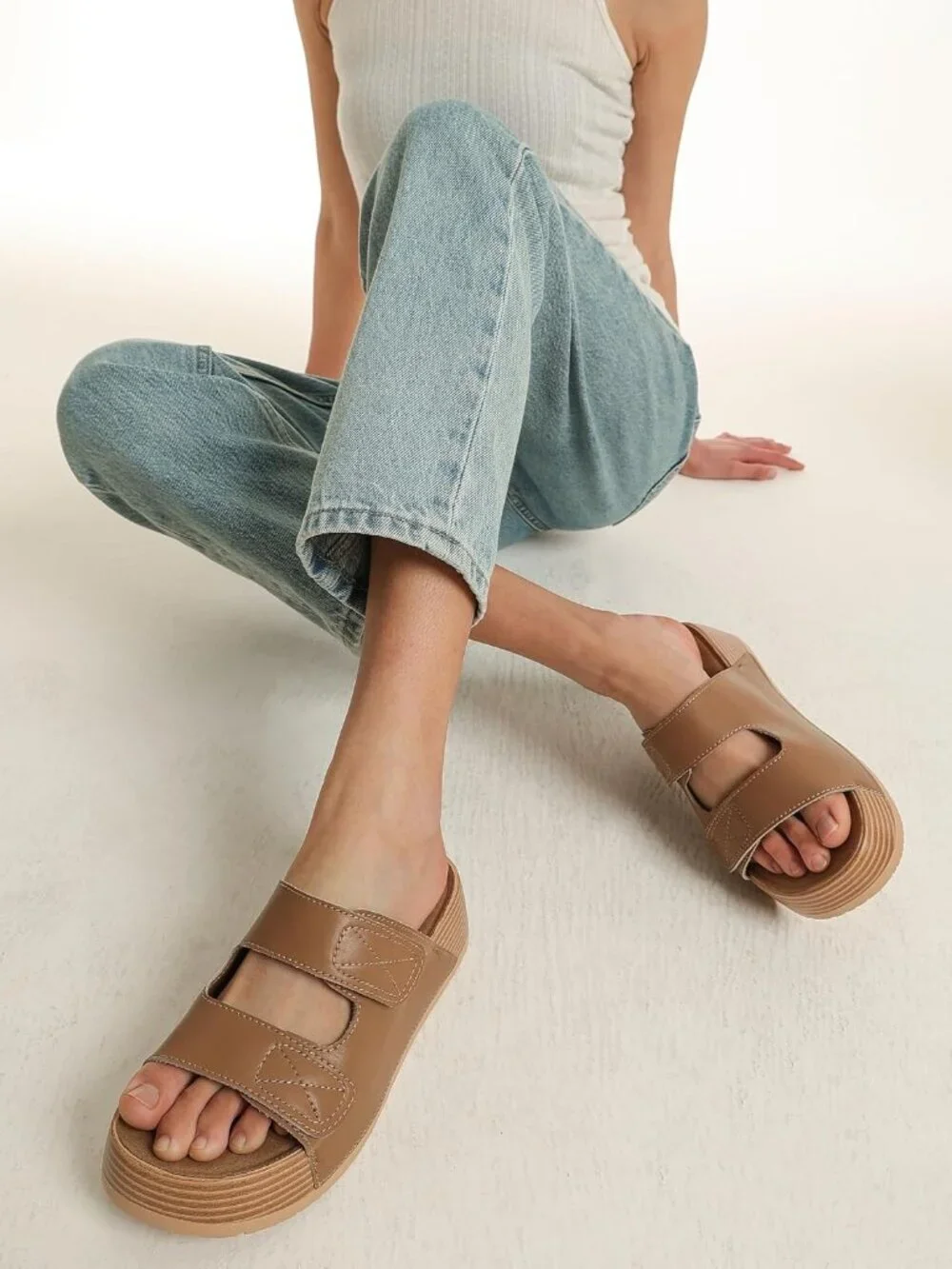Women's Brown Genuine Leather Slip on Beach Slide Buckle Platform Sandal Shoes